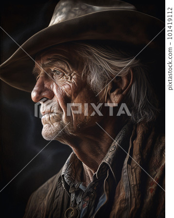 Close-up of an older man portrait wearing a cowboy hat. 101419112