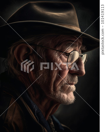 Close-up of an older man portrait wearing a cowboy hat. 101419113
