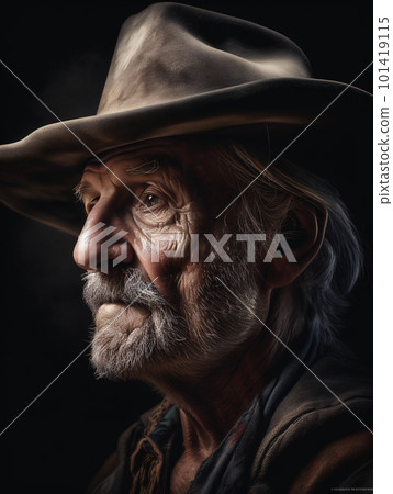 Close-up of an older man portrait wearing a cowboy hat. 101419115