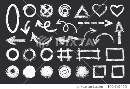 Chalk pencil elements. Grunge texture chalk brushes, hand drawn abstract shapes. Doodle rough charcoal brush flat vector symbols illustration set 101419453