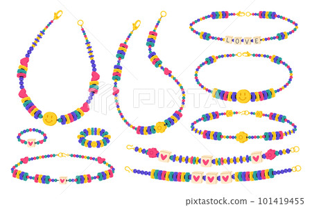Friendship beaded jewelry. Handmade plastic beads bracelets, cute necklaces and rings. Kids accessories flat vector illustration set 101419455