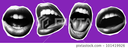 Woman lips as retro halftone collage elements for mixed media design. Mouth in halftone texture, dotted pop art style. Vector illustration of vintage grunge punk crazy art templates. 101419926