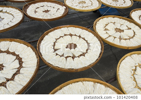 Close-up of traditional handmade noodle-making drying outdoors in Guanmiao, Tainan, Taiwan. 101420408