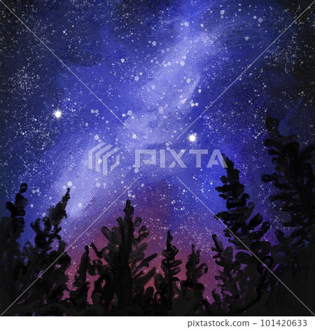 Hand drawn illustration of night stars in forest wood mountains hills, dawn woodland. Dark scene landscape, oil painting texture, sunset outdoor adventure, nature design mist fog panorama light, pine Hand drawn illustration of night stars in forest wood mountains hills, dawn woodland. Dark scene landscape, oil painting texture, sunset outdoor adventure, nature design mist fog panorama light, pine 101420633