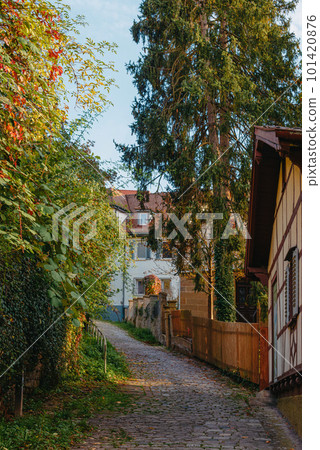 Park and Old Fachwerk houses in Germany. Scenic view of ancient medieval urban street architecture with half-timbered houses in the Old Town of Germany. Park and Old Fachwerk houses in Germany. Scenic view of ancient medieval urban street architecture with half-timbered houses in the Old Town of Germany. 101420876