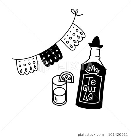 Cinco de mayo sticker in doodle style. Bottle of tequila with glass and Papel Picado, isolated black over white vector illustration design. 101420911
