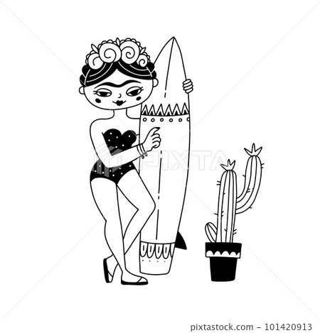 Frida Khalo in full growth holding a surfboard. Cute and funny female portrait in doodle style. Girl greeting card concept. Vector print for t-shirt mexican design Frida Khalo in full growth holding a surfboard. Cute and funny female portrait in doodle style. Girl greeting card concept. Vector print for t-shirt mexican design 101420913