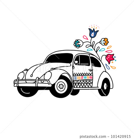 Mexican retro car with traditional floraldecor in linear doodle style. Hand drawn vector illustration. 101420915