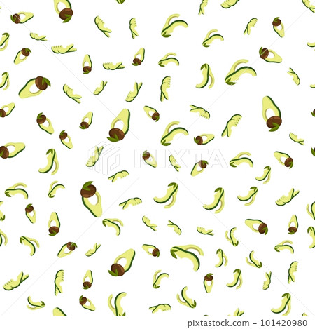Avocado cutting exotic fruit seamless pattern. Avocado wedges and slices, halved and thinly sliced for salads and snacks. Vector ornament for the design of posters and printing on fabrics 101420980