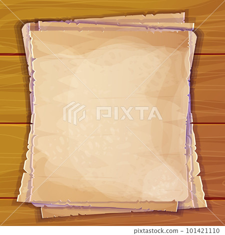 wooden desk, table with parchment paper notes top view in cartoon style. Antique document, empty pages. wooden desk, table with parchment paper notes top view in cartoon style. Antique document, empty pages. 101421110