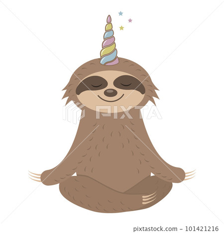 Vector illustration in cartoon style of a cute sloth character with a unicorn horn. 101421216
