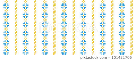Ukrainian vector seamless fashion pattern. Decoration in blue and yellow color. Ukrainian vertical stripes fashion pattern. Pixel art, vyshyvanka, cross stitch Ukrainian vector seamless fashion pattern. Decoration in blue and yellow color. Ukrainian vertical stripes fashion pattern. Pixel art, vyshyvanka, cross stitch 101421706