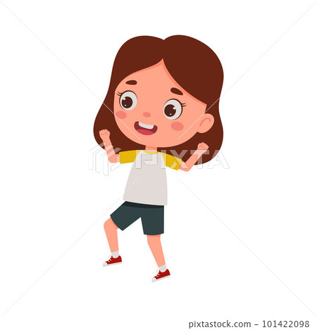 Cute little kid happy girl jump. Cartoon schoolgirl character show facial expression. Vector illustration 101422098