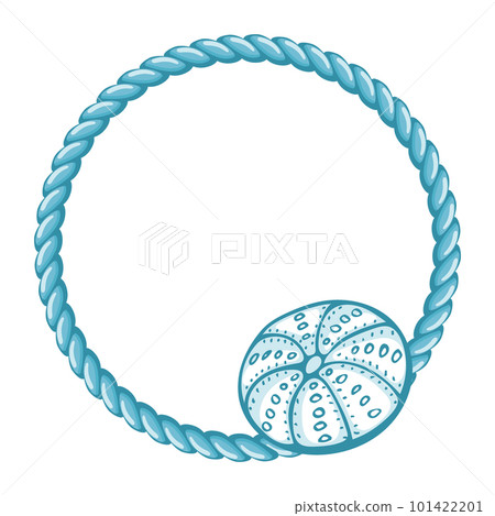 Blue sailor rope with shell, frame. Marine background, logo, template, vector 101422201