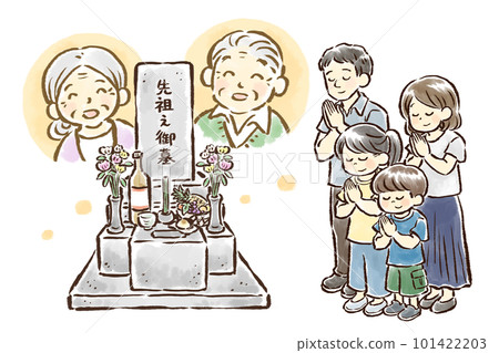 A hand-drawn illustration of a family of four putting their hands together at the grave of their ancestors Obon, visiting the grave 101422203