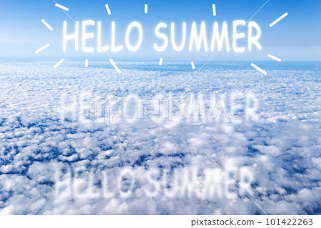 View of a cloud with a blue sky from the window. Hello Summer text View of a cloud with a blue sky from the window. Hello Summer text 101422263
