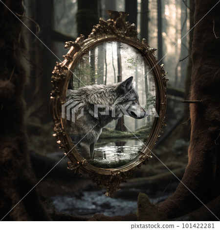 Mirror in a dense strange magical forest, reflection of a wolf in the mirror, horror landscape, witchcraft illustration Mirror in a dense strange magical forest, reflection of a wolf in the mirror, horror landscape, witchcraft illustration 101422281