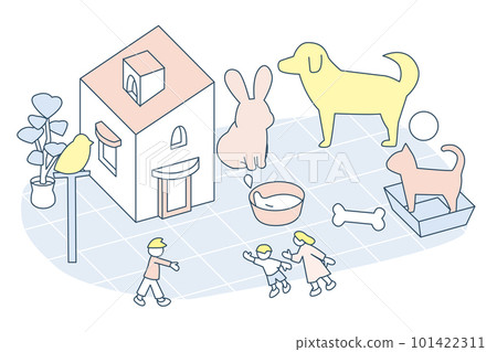 與寵物的幸福生活。一個由狗、貓和鳥組成的家庭。 101422311