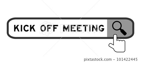 Search banner in word kick off meeting with hand over magnifier icon on white background Search banner in word kick off meeting with hand over magnifier icon on white background 101422445