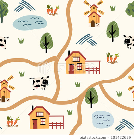 Village map seamless pattern. Background of a farm with houses, animals, road, lakes, trees and tractor. Perfect for textile, fabric, paper, games, play mat. Vector illustration .... Village map seamless pattern. Background of a farm with houses, animals, road, lakes, trees and tractor. Perfect for textile, fabric, paper, games, play mat. Vector illustration .... 101422659