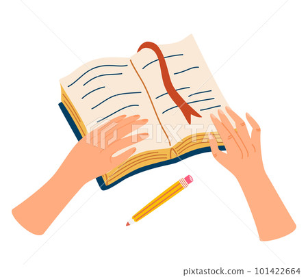 Reading a book. The hand holds a book, a notebook. The concept of study, student life, work, spending time, hobbies. Flat vector illustration isolated on white background 101422664