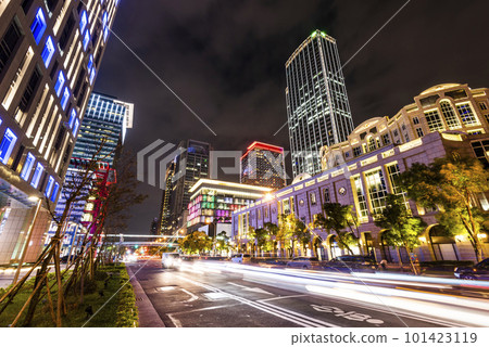 Low-angle view of modern buildings in Xinyi District, Taipei, Taiwan. the District is Taipei's main shopping area, anchored by several department stores and malls. Low-angle view of modern buildings in Xinyi District, Taipei, Taiwan. the District is Taipei's main shopping area, anchored by several department stores and malls. 101423119