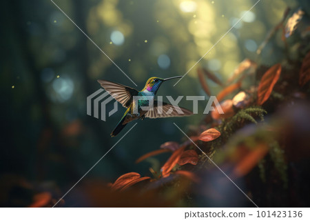 Peaceful hummingbird perching on a green branch in the heart of a lush forest in Costa Rica. AI Generative. Peaceful hummingbird perching on a green branch in the heart of a lush forest in Costa Rica. AI Generative. 101423136
