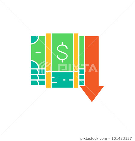 Pile of money banknotes with down arrow, money interest rate reduction white outline icon. Cash payment, paper bill, dollar symbol design. Pile of money banknotes with down arrow, money interest rate reduction white outline icon. Cash payment, paper bill, dollar symbol design. 101423137