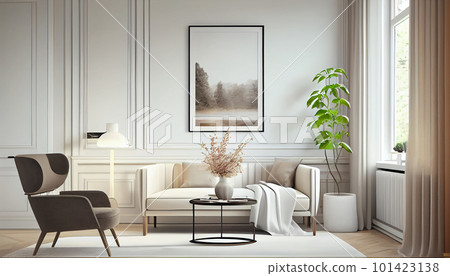 Modern interior design armchair sofa in living room with near windows and mock up poster frame in wall at home, Neutral living room, empty nobody, 3D render by Generative AI 101423138