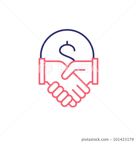 Coin with handshake, contract agreement, partnership, teamwork outline color icon. Finance, payment, invest finance symbol design. 101423179