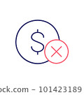 Coin with cross marks, rejected, incorrect outline color icon. Finance, payment, invest finance symbol design. 101423189