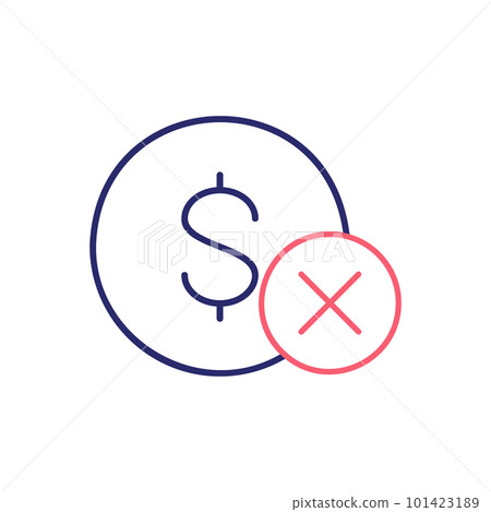 Coin with cross marks, rejected, incorrect outline color icon. Finance, payment, invest finance symbol design. 101423189