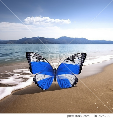 Butterfly in the color of the Greek flag on the background of the sea coast and the beach, a beautiful landscape for advertising travel agencies, 101423200