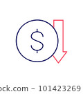 Coin with down arrow, money interest rate reduction outline color icon. Finance, payment, invest finance symbol design. 101423269