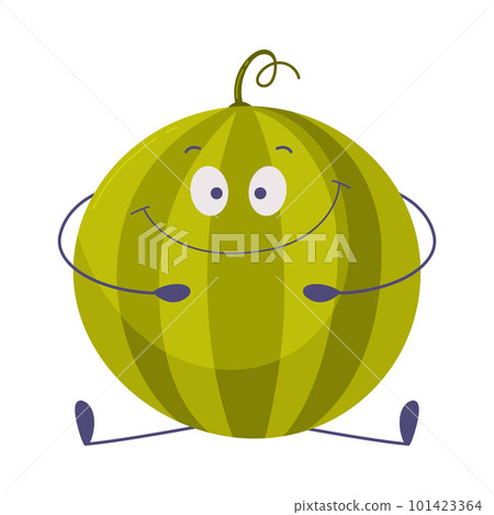 Funny Round Green Watermelon Character Sitting on the Ground Vector Illustration Funny Round Green Watermelon Character Sitting on the Ground Vector Illustration 101423364