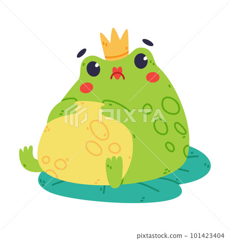 Cute Fat Green Frog or Toad Character with Crown Sitting on Lily Pad Vector Illustration Cute Fat Green Frog or Toad Character with Crown Sitting on Lily Pad Vector Illustration 101423404