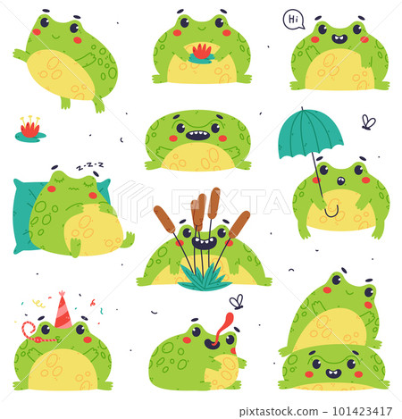Cute Green Frog or Toad Character Engaged in Different Activity Vector Set 101423417