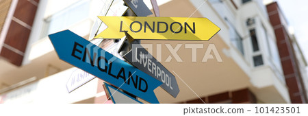 Tourist signs of cities and countries with directions 101423501