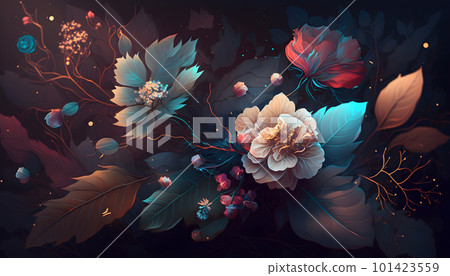 Magical iridescent flowers in dark mystery forest 101423559