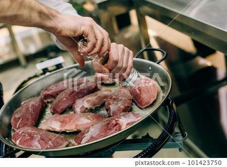 raw meat pork pan frying cooking kitchen 101423750