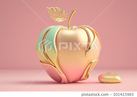 Gold and pink apple on pink pastel background. Pop art modern style, Generative AI Gold and pink apple on pink pastel background. Pop art modern style, Generative AI 101423983