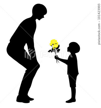 Silhouette of a boy giving his father a yellow rose Silhouette of a boy giving his father a yellow rose 101423993