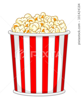 Popcorn in paper striped bucket. Illustration of snack food in cartoon style. 101424184