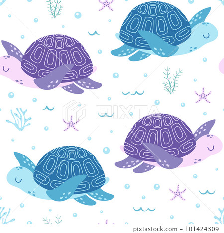 vector seamless pattern with turtles and seaweed 101424309
