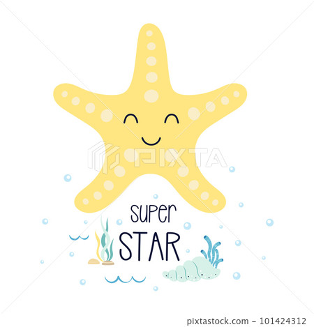 cute card with cartoon starfish and seaweed 101424312