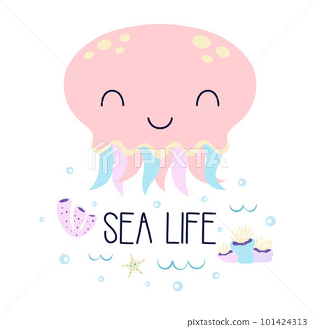 cute card with cartoon jellyfish and seaweed 101424313