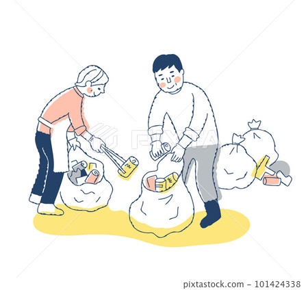 Men and women picking up garbage such as empty cans Men and women picking up garbage such as empty cans 101424338