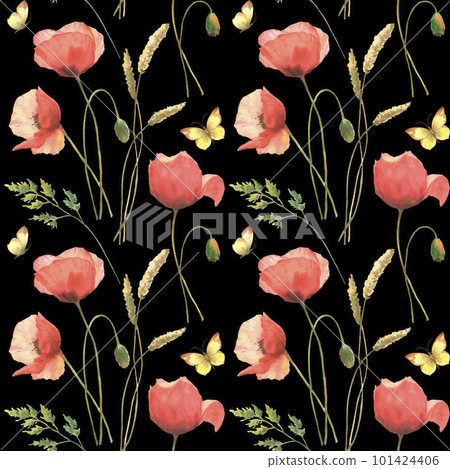 Watercolor pattern with poppies, field herbs and butterflies, isolated on black background. Perfect for textiles, wrapping paper 101424406