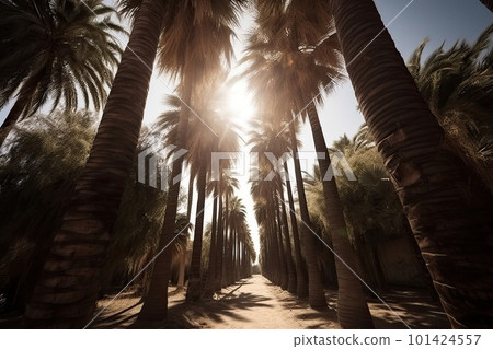 Palm tree silhouettes against sky, bottom view. Generative AI Palm tree silhouettes against sky, bottom view. Generative AI 101424557