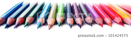 colored pencils in a row, concept watecolor banner illustration isolated on white, AI generative image 101424573